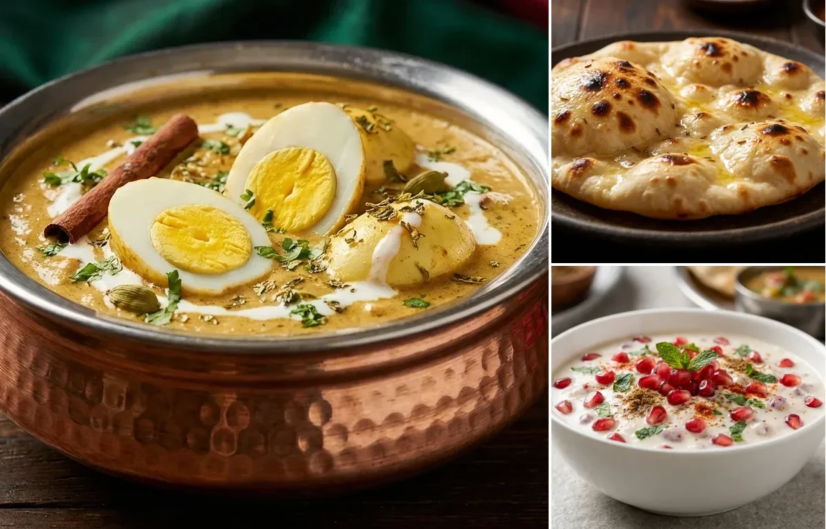 Egg Pasanda with Khamiri Roti and Pomegranate Raita