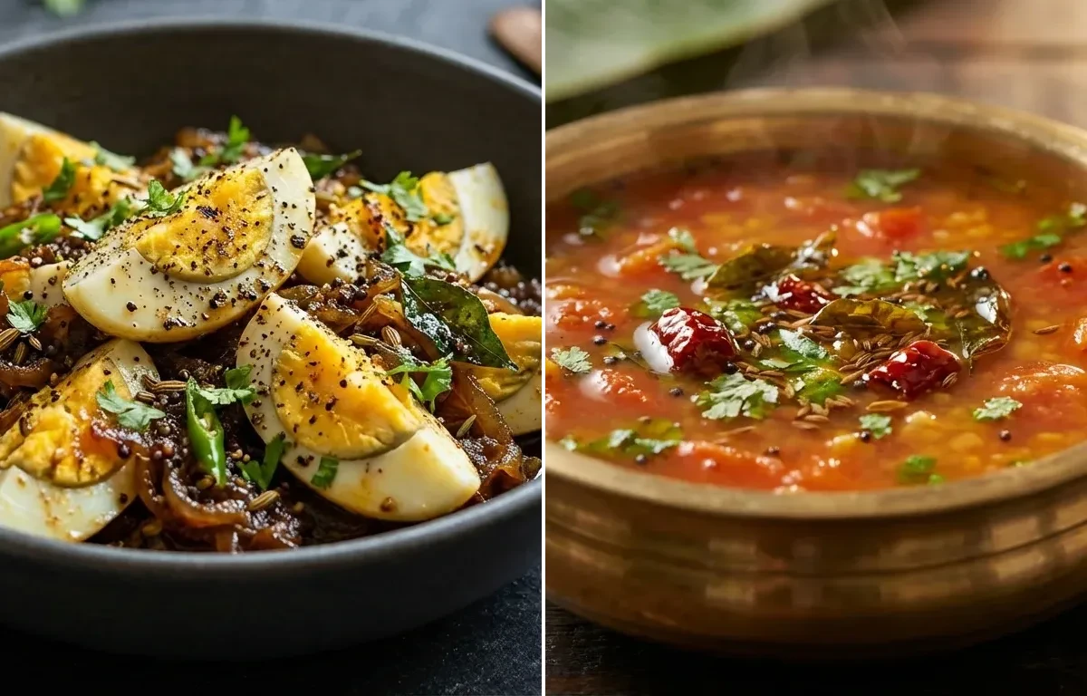 Egg Pepper Fry with Tomato Rasam