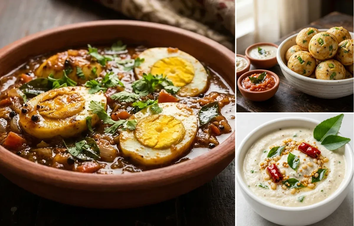 Egg Pepper Masala with Kuzhi Paniyaram and Coconut Chutney