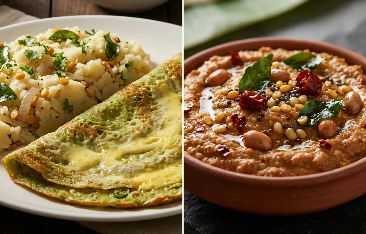 Egg Pesarattu with Upma with Peanut Chutney