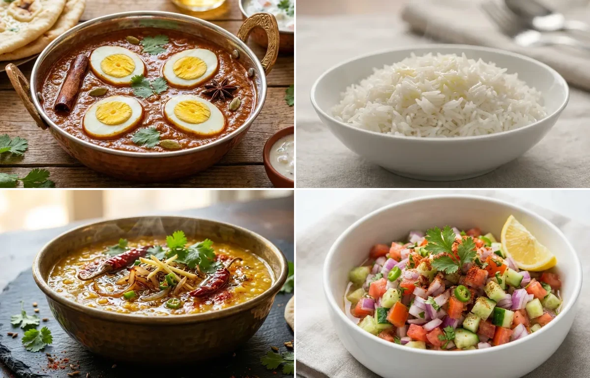 Egg Pouch Curry with Steamed Basmati Rice and Dal Tadka