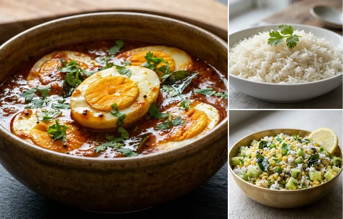 Egg Puli Munchi with Boiled Rice and Southekayi Kosambari