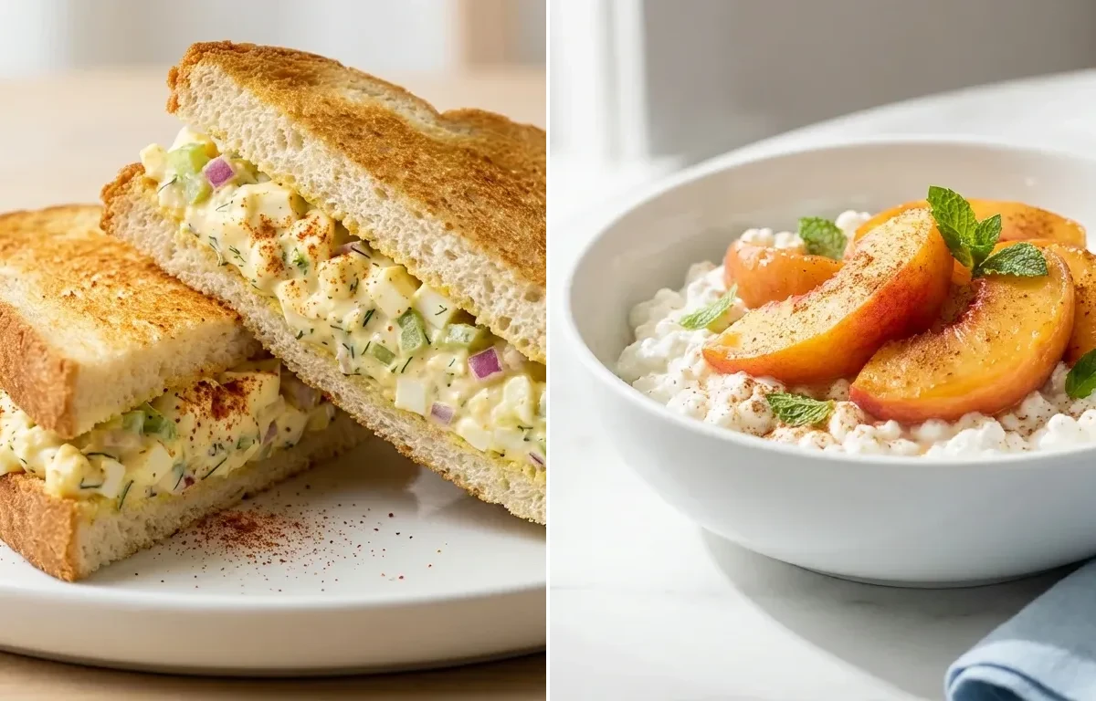 Egg Salad Sandwich with Cottage Cheese with Peach
