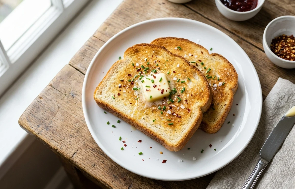 Egg White Omelet with Toasted White Bread and Sautéed Bell Peppers