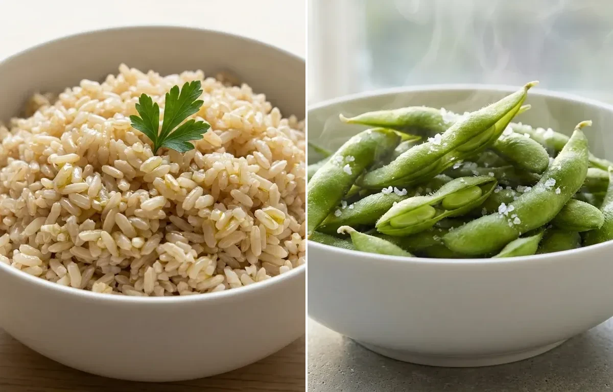 Egg White and Vegetable Stir-fry with Steamed Brown Rice and Steamed Edamame