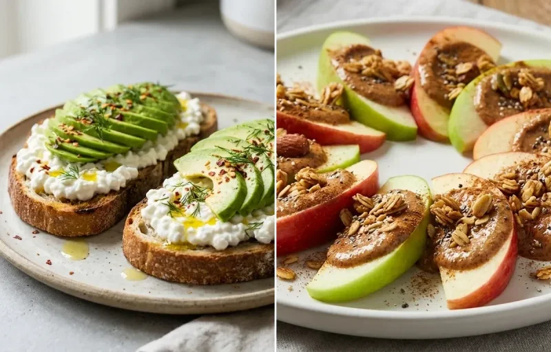 Egg White Veggie Muffins with Avocado Cottage Cheese Toast and Apple Slices With Almond Butter