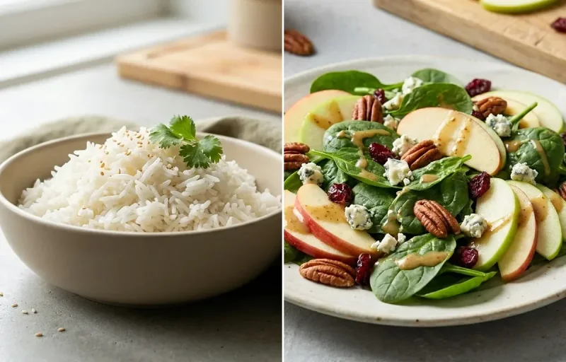 Egg White Veggie Scramble with Cooked White Rice Half Cup, Sauteed Spinach Side and Spinach Apple Salad