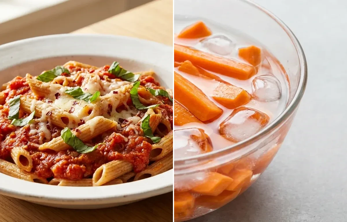 Eggplant Parmesan Bake with Whole Wheat Pasta and Carrot Sticks