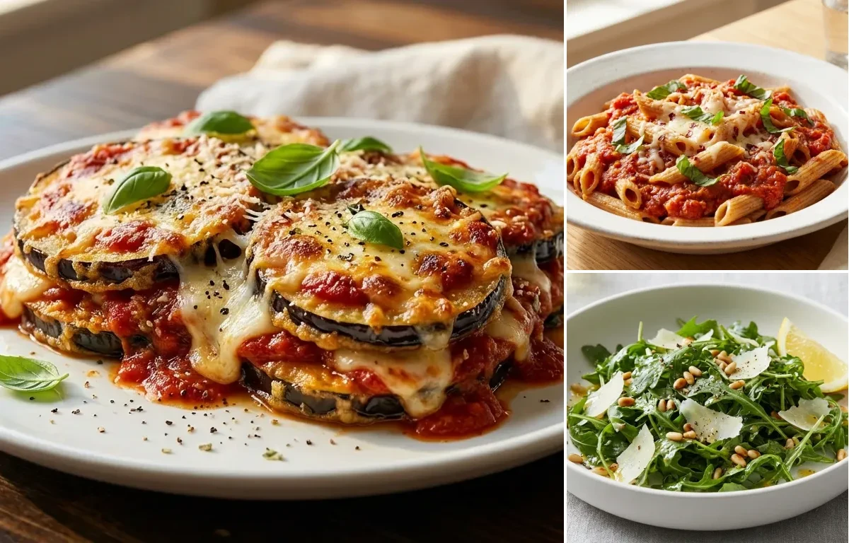 Eggplant Parmesan with Whole Wheat Pasta and Arugula Salad