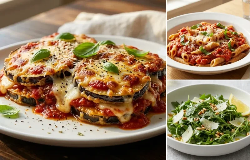 Eggplant Parmesan with Whole Wheat Pasta and Arugula Salad
