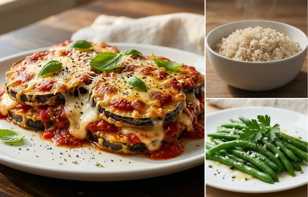 Eggplant Parmesan with Brown Rice and Steamed Green Beans