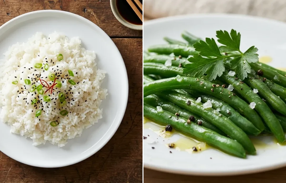 Pasta Primavera with Steamed White Rice and Steamed Green Beans