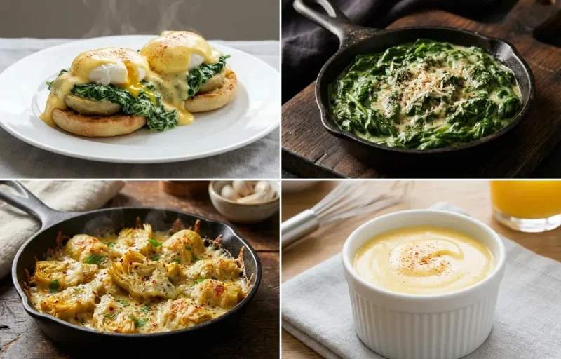 Eggs Sardou with Creamed Spinach, Garlic Parmesan Artichoke Hearts and Hollandaise Sauce