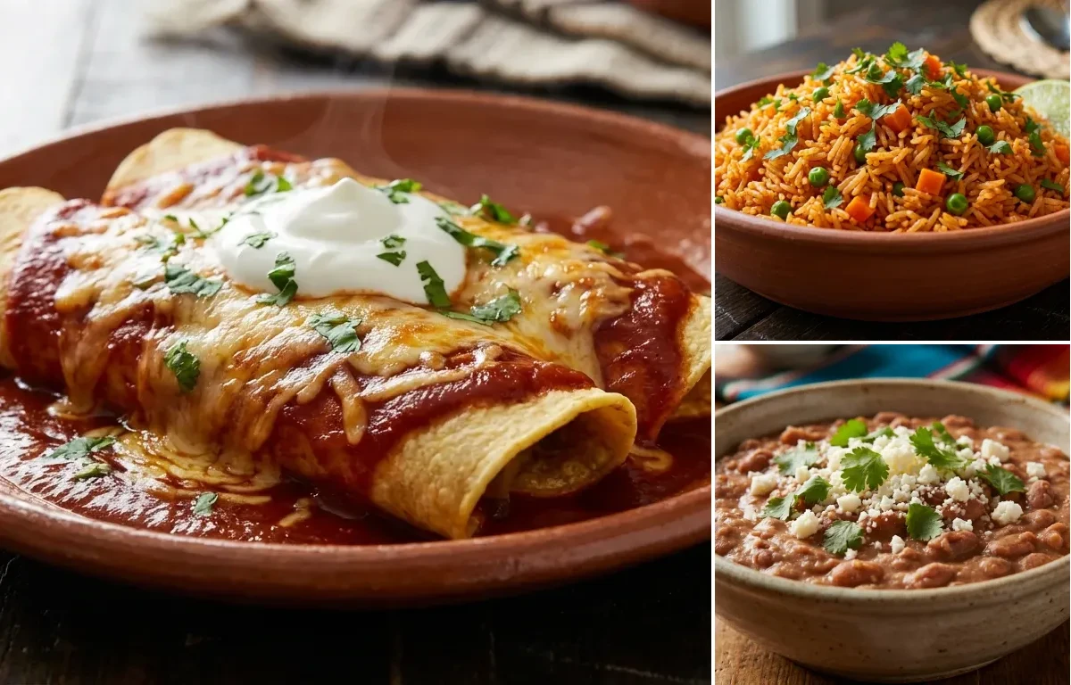 Enchiladas Rojas with Mexican Rice and Tex-Mex Refried Beans