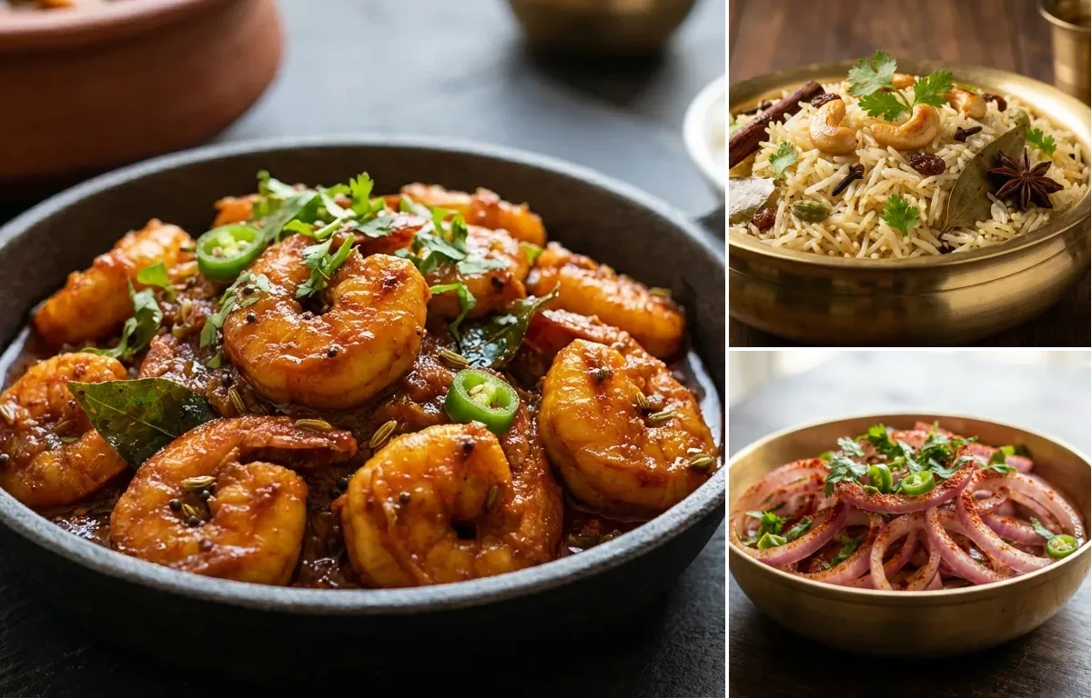 Eral Thokku with Ghee Rice and Onion Salad
