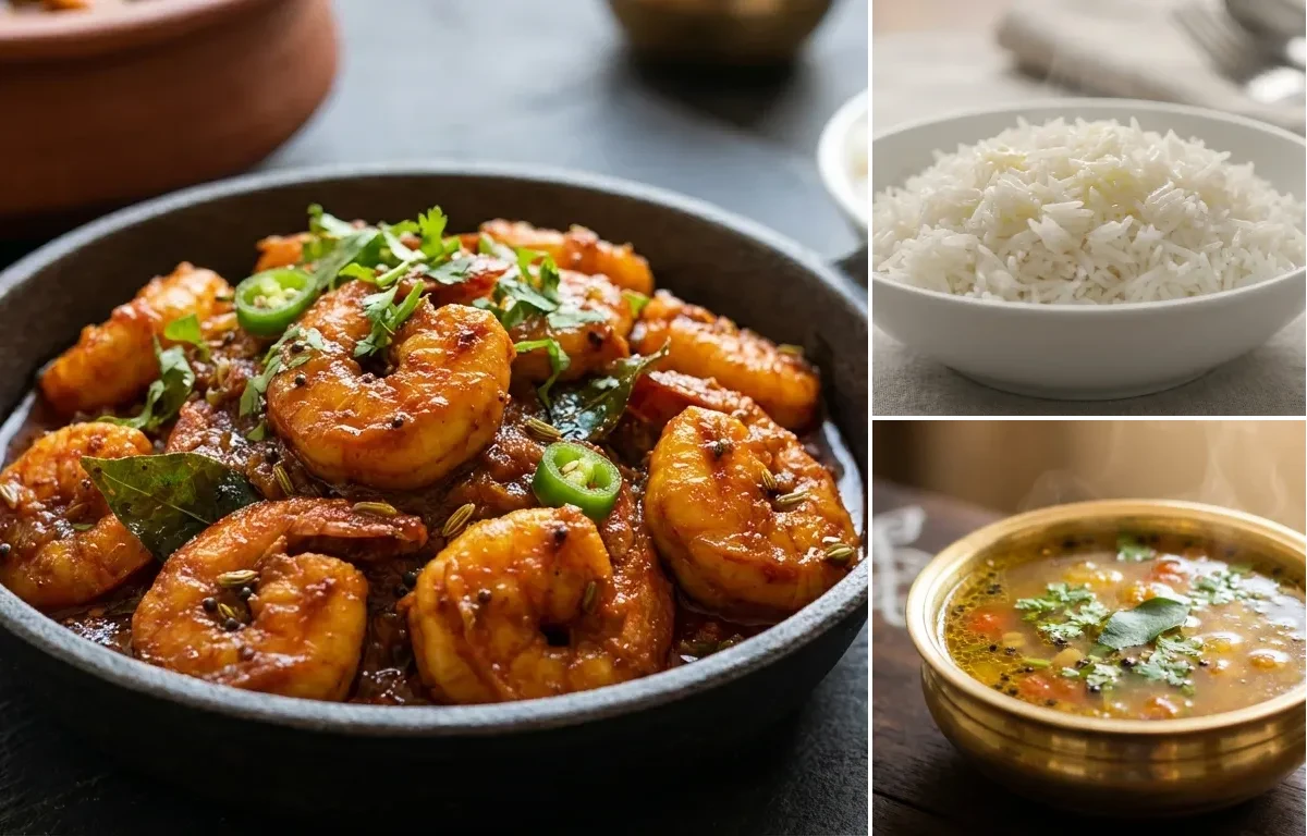 Eral Thokku with Steamed Basmati Rice and Milagu Rasam