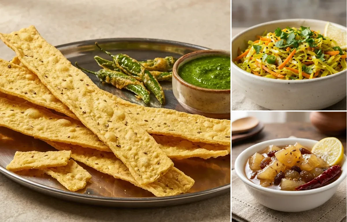 Fafda with Gujarati Cabbage Sambharo and Bengali Papaya Chutney