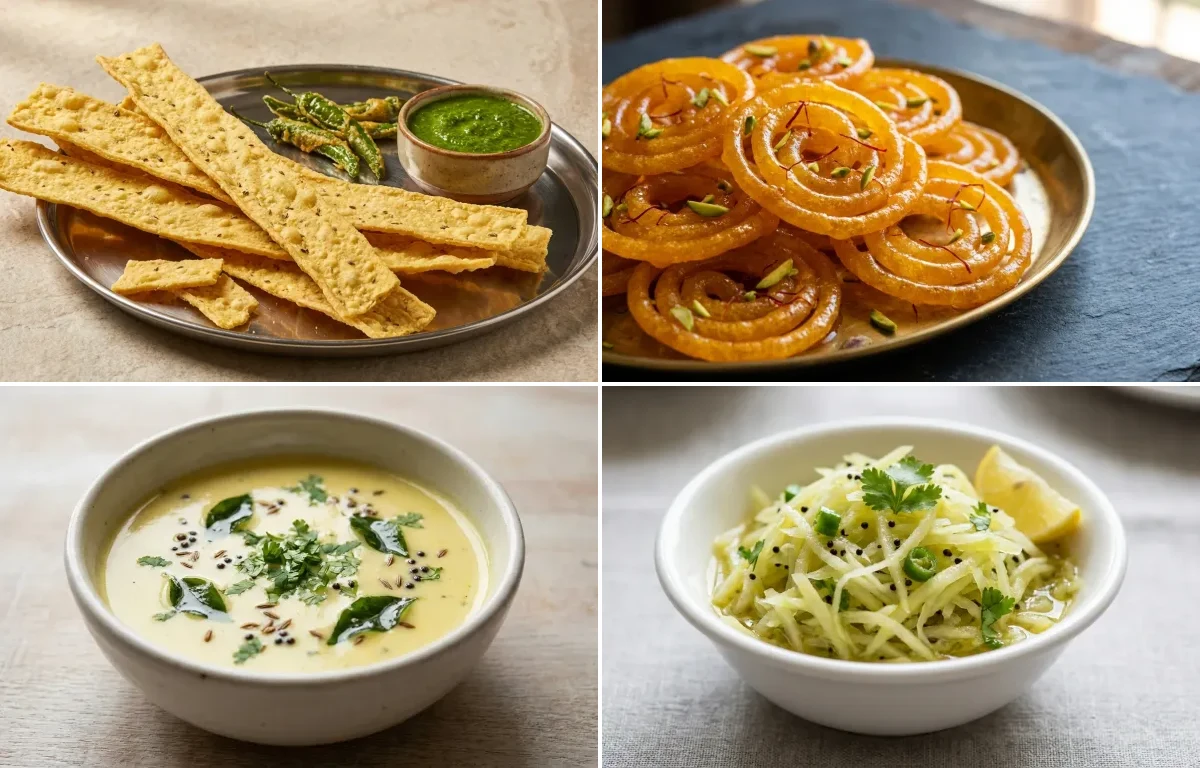 Fafda with Jalebi, Kadhi Chutney and Papaya Sambharo
