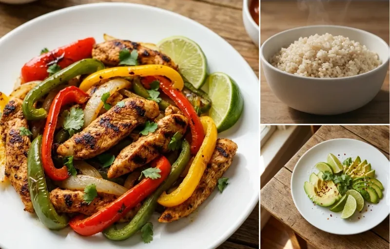 Fajita Chicken and Peppers with Brown Rice and Sliced Avocado and Lime