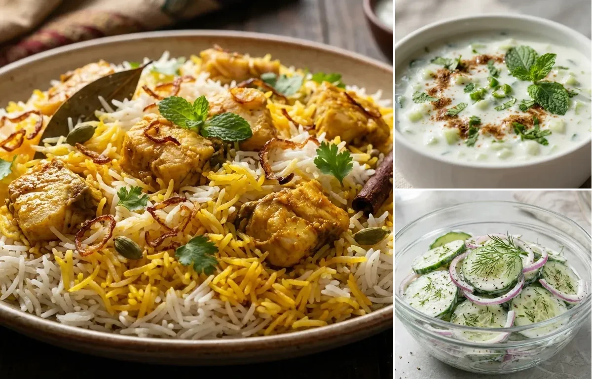 Fish Biryani with Cucumber Raita with Cucumber Salad