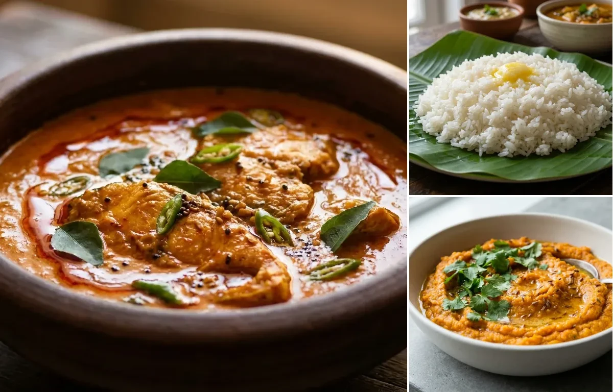 Fish Curry with Steamed Rice with Carrot Mash