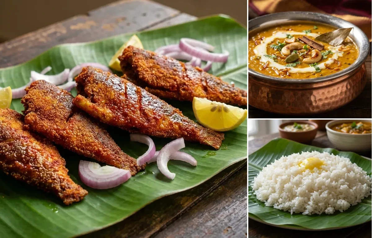 Fish fry, dal, rice, salad