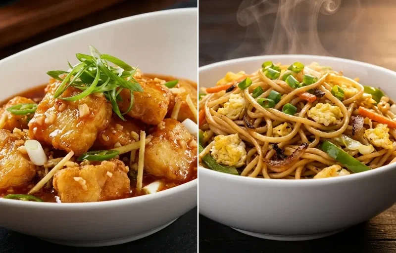Fish in Hot Garlic Sauce with Egg Hakka Noodles