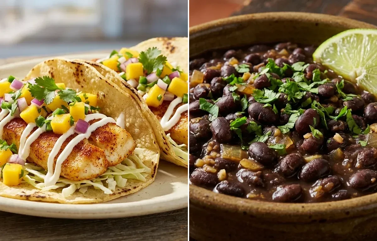 Fish Tacos with Mango Salsa with Savory Black Beans