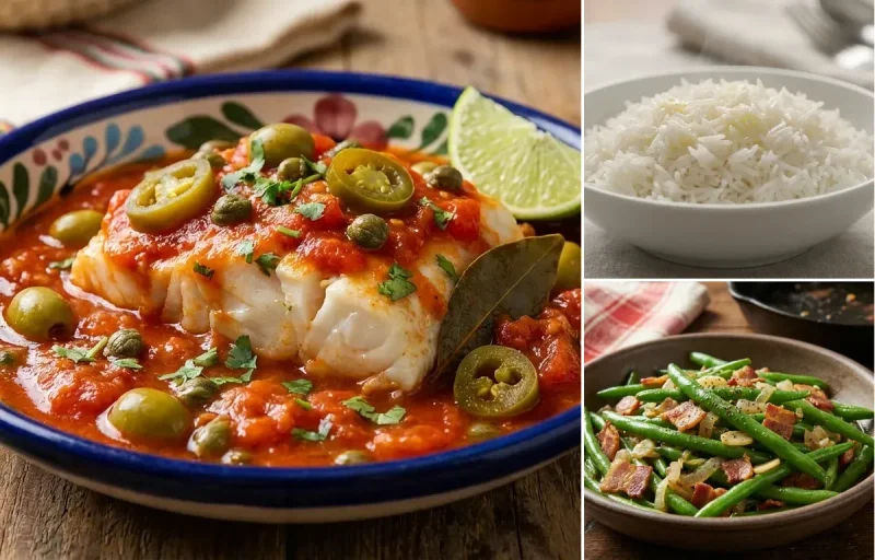 Fish Veracruz with Steamed Basmati Rice and Sauteed Green Beans with Bacon