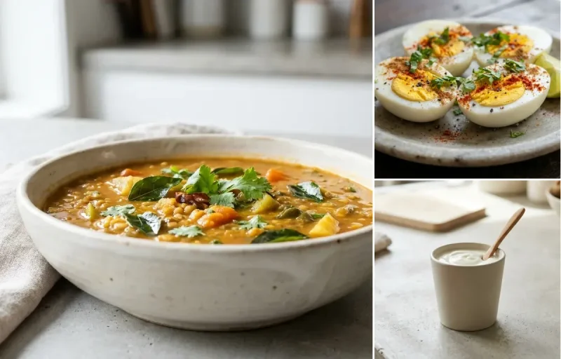 Foxtail Millet Idli with Sambar, Tomato Garlic Chutney, Boiled Eggs and Plain Yogurt Cup