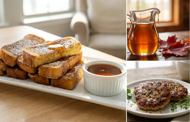 French Toast Sticks with Maple Syrup and Breakfast Sausage Patties