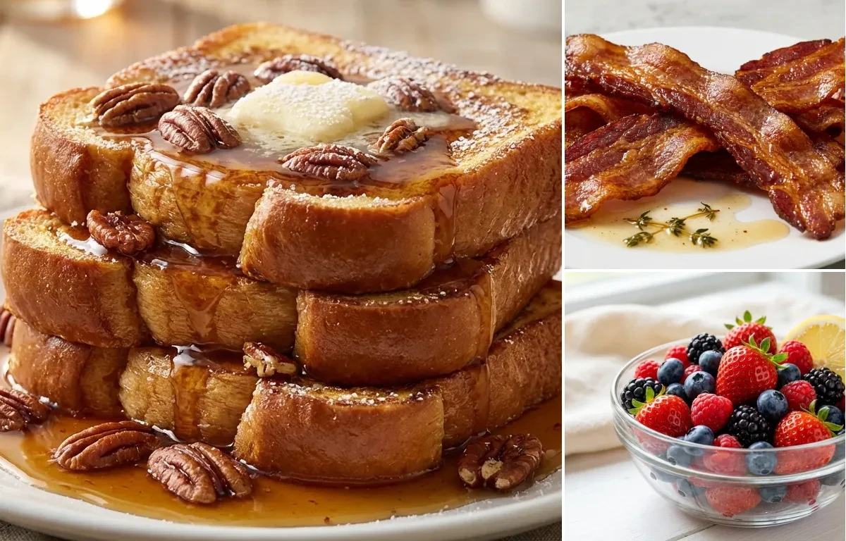 French Toast with Pecan Syrup with Pan-Fried Bacon and Mixed Fresh Berries