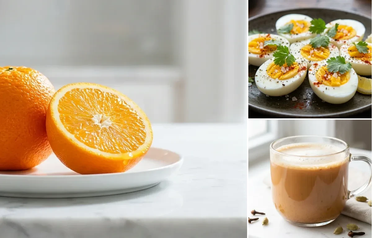 Orange with Boiled Egg with Masala Chai