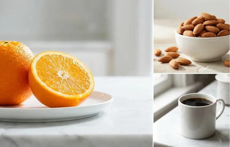 Orange with Handful of Almonds with Black Coffee