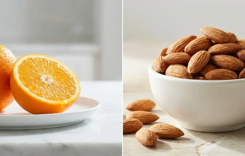 Orange with Handful of Almonds with Fennel Tea