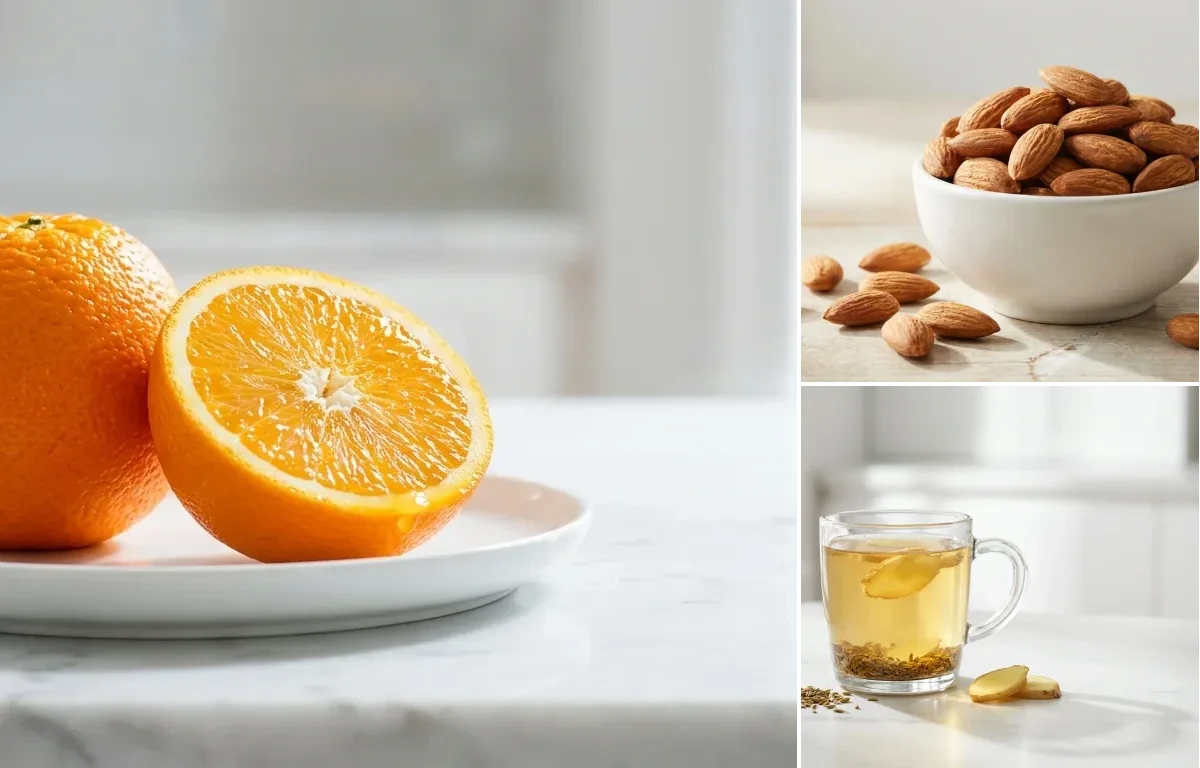 Orange with Handful of Almonds with Fennel Tea
