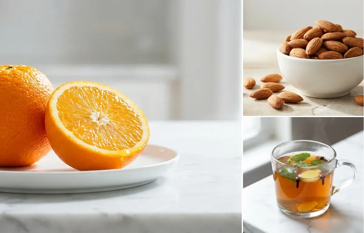 Orange with Handful of Almonds with Tulsi Tea