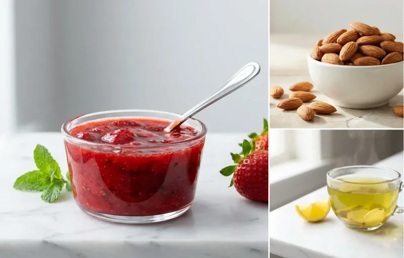 Strawberries with Handful of Almonds with Green Tea