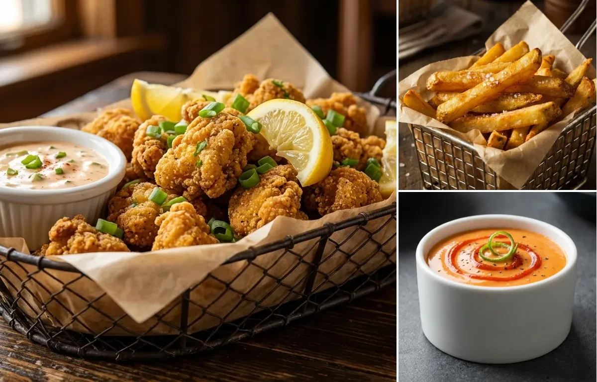 Fried Alligator Bites with French Fries and Spicy Mayo