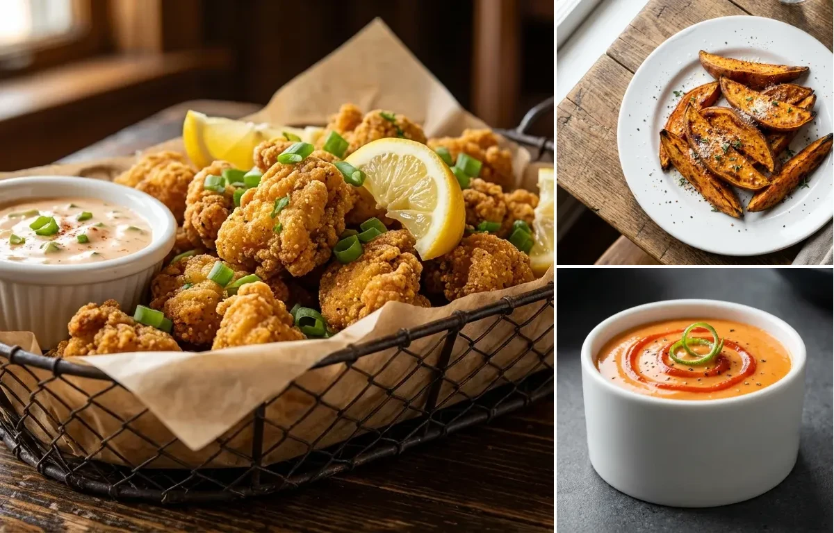 Fried Alligator Bites with Sweet Potato Wedges and Spicy Mayo