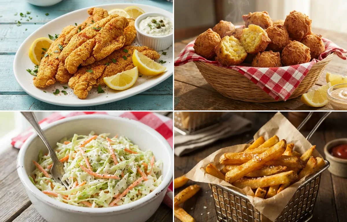 Fried Catfish with Hush Puppies, Coleslaw and French Fries