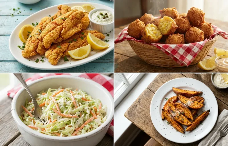 Fried Catfish with Hush Puppies, Coleslaw and Sweet Potato Wedges