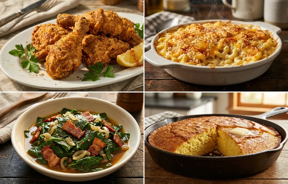 Fried Chicken with Baked Mac and Cheese, Collard Greens and Cornbread