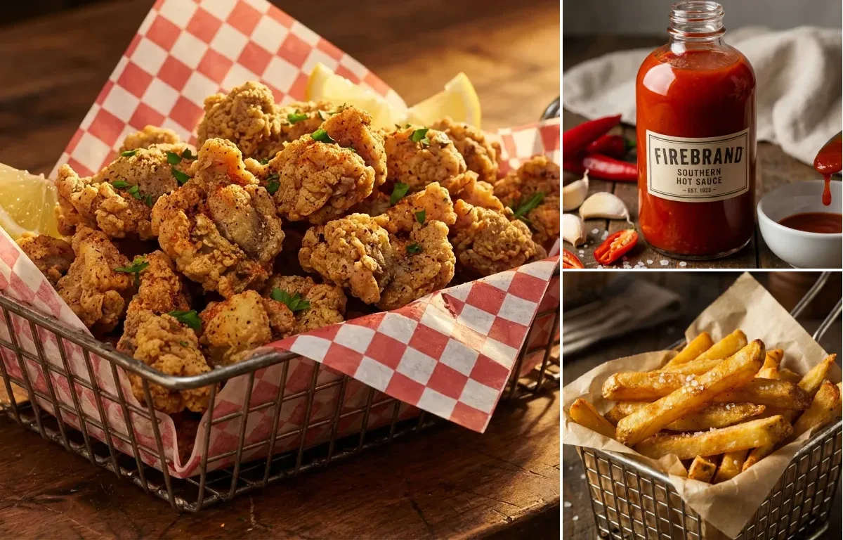 Fried Chicken Gizzards with Hot Sauce and French Fries