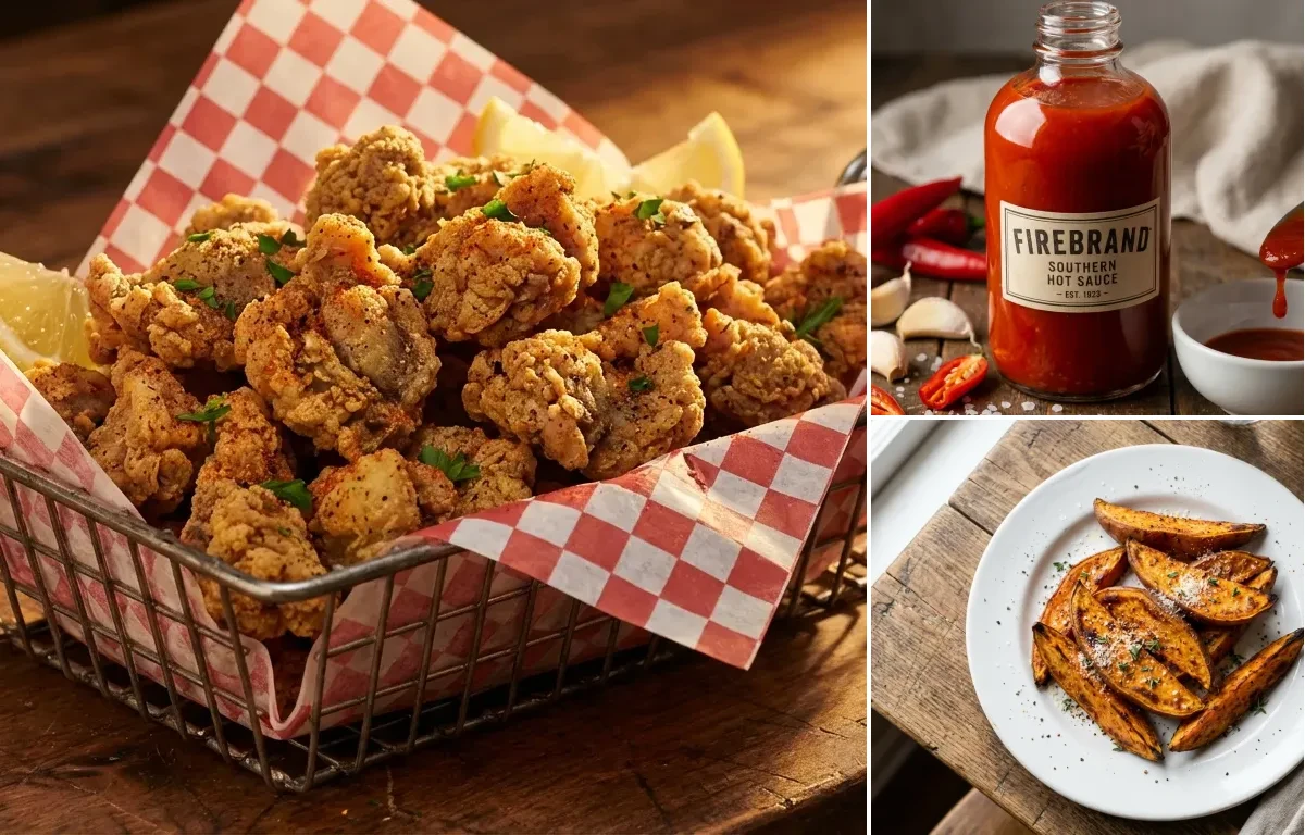 Fried Chicken Gizzards with Hot Sauce and Sweet Potato Wedges
