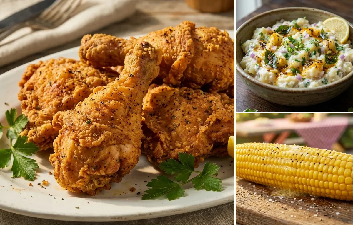 Fried Chicken with Potato Salad and Corn on the Cob
