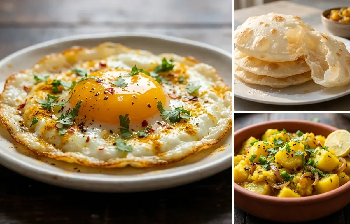 Fried Egg with Bengali Luchi and Aloo Bhaji