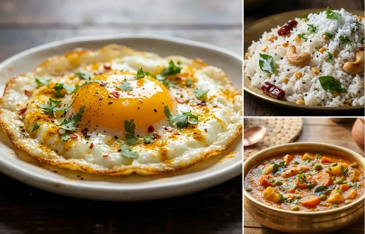 Fried Egg with Coconut Rice and Vegetable Salna