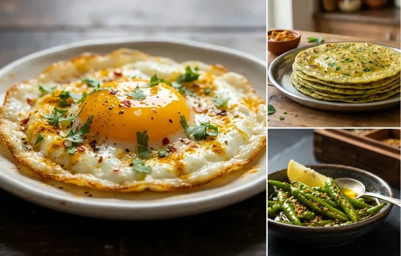 Fried Egg with Methi Thepla and Green Chili Pickle