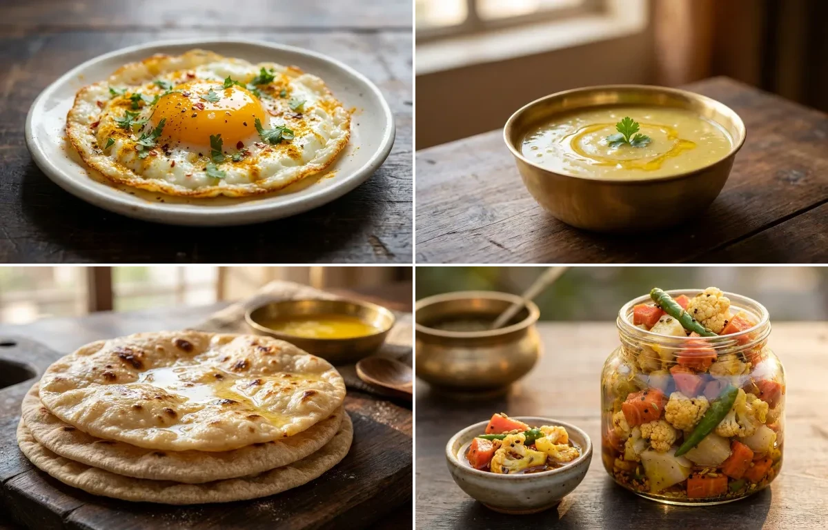 Fried Egg with Varan, Chapati and Vegetable Pickle